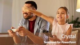  Presentation with family playing board game - Presentation design consisting of daughter with gamepads playing video background and a  colored foreground