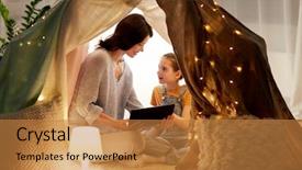  Presentation with happy kids - Cool new PPT theme with daughter with tablet pc computer backdrop and a gold colored foreground