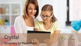  Presentation with cognitive theory learning concept - Cool new PPT theme with daughter with tablet pc computer backdrop and a coral colored foreground