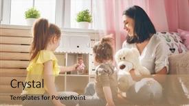  Presentation with play kids - Slide set featuring daughters girls play with doll background and a coral colored foreground