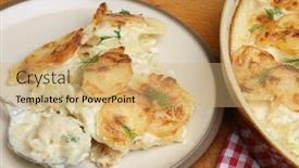  Presentation with served - Audience pleasing theme consisting of dauphinois potatoes served on a plate backdrop and a coral colored foreground