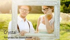  Presentation with wedding couple wishes - Slide set having chicken and galangal in coconut milk soup and herb side view background and a gray colored foreground