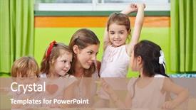  Presentation with children talking - Colorful presentation design enhanced with day care - children talking to nursery teacher backdrop and a coral colored foreground