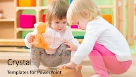  Presentation with kids room children smile - Presentation theme featuring day care - pensive kids playing in kindergarten background and a coral colored foreground