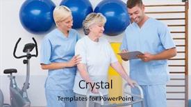  Presentation with senior fitness - Beautiful presentation design featuring day care - therapists with invalid senior woman backdrop and a light blue colored foreground