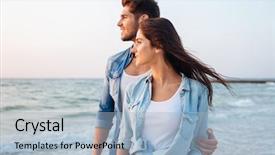  Presentation with young happy couple - Beautiful PPT theme featuring day dreaming - happy young couple standing backdrop and a light blue colored foreground