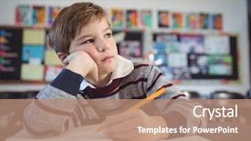  Presentation with desk in line - Slides with day dreaming - thoughtful boy studing while sitting background and a coral colored foreground