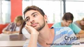  Presentation with classroom - Theme having day dreaming - thoughtful male student with books background and a coral colored foreground
