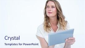  Presentation with tablet - Audience pleasing slide set consisting of day dreaming - woman using tablet pc backdrop and a sky blue colored foreground