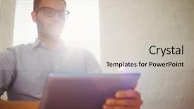  Presentation with flower office desk table - Cool new PPT layouts with day light - casual businessman using his tablet backdrop and a soft green colored foreground