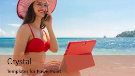  Presentation with mobile phone in woman hand - PPT theme featuring day of summer in flores background and a red colored foreground