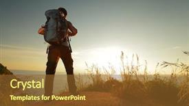  Presentation with backpack - Beautiful PPT theme featuring hiker with backpack standing on a rock and enjoying sunset over sea backdrop and a tawny brown colored foreground