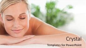  Presentation with happy smiling woman dental health - Presentation theme with day spa - close up of a blonde background and a lemonade colored foreground