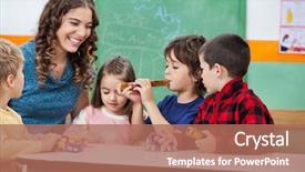  Presentation with children playing - Cool new presentation theme with daycare - happy teacher with children playing backdrop and a coral colored foreground