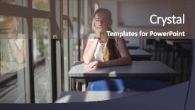  Presentation with classroom - Colorful slides enhanced with daydreaming - thoughtful schoolgirl sitting in classroom backdrop and a gray colored foreground