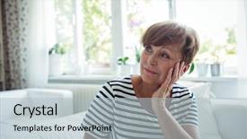  Presentation with senior living - PPT theme consisting of daydreaming - thoughtful senior woman sitting background and a  colored foreground