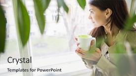  Presentation with airplane wing through airplane window - Amazing slide set having daydreaming - young businesswoman with coffee cup backdrop and a sky blue colored foreground