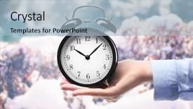  Presentation with alarm - Audience pleasing theme consisting of daylight saving clocks fall back - female hand holding alarm clock backdrop and a light blue colored foreground