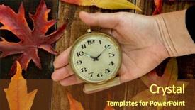 Presentation with old clock time antique - Slides with daylight saving clocks fall back - old alarm clock between yellow background and a tawny brown colored foreground