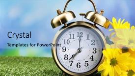  Presentation with pink and green nature - Amazing slide set having daylight savings time - alarm clock on green grass backdrop and a light blue colored foreground