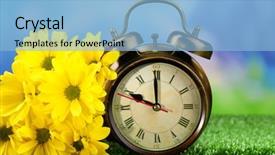  Presentation with green nature - Presentation theme consisting of daylight savings time - alarm clock on green grass background and a light blue colored foreground