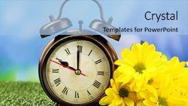  Presentation with green nature - Cool new slide deck with daylight savings time - alarm clock on green grass backdrop and a light blue colored foreground