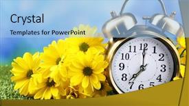  Presentation with pink and green nature - Theme consisting of daylight savings time - alarm clock on green grass background and a light blue colored foreground
