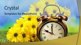  Presentation with green nature - PPT theme with daylight savings time - alarm clock on green grass background and a light blue colored foreground