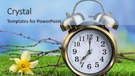  Presentation with green nature - Beautiful slides featuring daylight savings time - alarm clock on green grass backdrop and a light blue colored foreground