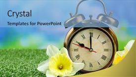  Presentation with green nature - Slides consisting of daylight savings time - alarm clock on green grass background and a light blue colored foreground