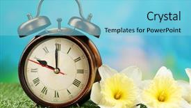  Presentation with pink and green nature - PPT theme enhanced with daylight savings time - alarm clock on green grass background and a light blue colored foreground