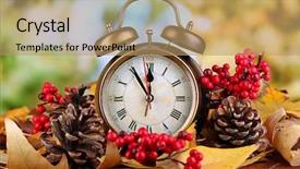  Presentation with autumn leaves - Amazing presentation design having daylight savings time - old clock on autumn leaves backdrop and a coral colored foreground