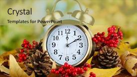  Presentation with autumn leaves - Presentation design with daylight savings time - old clock on autumn leaves background and a yellow colored foreground