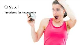  Presentation with clock - Slide set consisting of daylight savings time - shocked young beautiful woman holding background and a white colored foreground