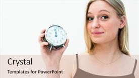  Presentation with clock - Slide deck featuring daylight savings time - young beautiful woman holding background and a lemonade colored foreground