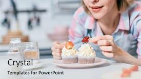  Presentation with currant - Audience pleasing theme consisting of de table du maitre - confectioner decorating top of cupcake backdrop and a light gray colored foreground