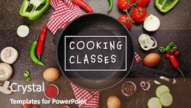  Presentation with frying - Beautiful slide set featuring de table du maitre - cooking classes concept frying pan backdrop and a tawny brown colored foreground