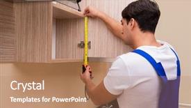  Presentation with kitchen furniture - Slide deck with de table du maitre - young man assembling kitchen furniture background and a coral colored foreground