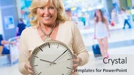  Presentation with airport - Colorful PPT theme enhanced with dead arrival - happy woman holding clock backdrop and a mint green colored foreground