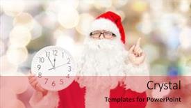  Presentation with christmas holidays - PPT layouts featuring christmas holidays and people concept - man in costume of santa claus with clock showing twelve pointing finger up over lights background background and a red colored foreground