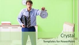  Presentation with late - Colorful PPT layouts enhanced with missed meetings - young businessman employee late backdrop and a mint green colored foreground