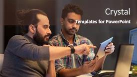  Presentation with team working together - Slide deck with deadline technology and people concept - creative team with tablet pc computer working together late at night office background and a tawny brown colored foreground