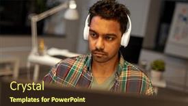  Presentation with computer music - PPT layouts consisting of deadline technology and people concept - creative man with headphones and computer listening to music and working at night office background and a tawny brown colored foreground