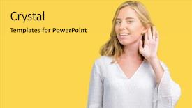  Presentation with listening woman - PPT theme enhanced with deaf - beautiful young elegant woman background and a yellow colored foreground