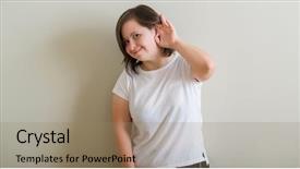  Presentation with down syndrome - Slide set consisting of deaf - down syndrome woman standing background and a coral colored foreground