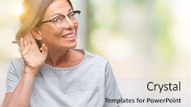 Presentation with listening woman - Colorful presentation theme enhanced with deaf - middle age senior hispanic woman backdrop and a sky blue colored foreground
