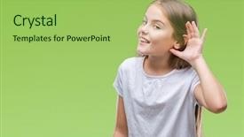  Presentation with hearing - Slide deck with deaf - young beautiful girl over isolated background and a yellow colored foreground