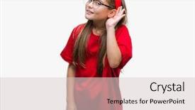  Presentation with protected hearing ear plugs - Colorful slide set enhanced with deaf children - young beautiful girl wearing glasses backdrop and a  colored foreground