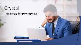  Presentation with hearing aid - Slides enhanced with deaf-male-employee-using-hearing background and a sky blue colored foreground