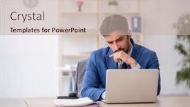  Presentation with hearing aid - PPT theme with deaf-male-employee-using-hearing background and a soft green colored foreground